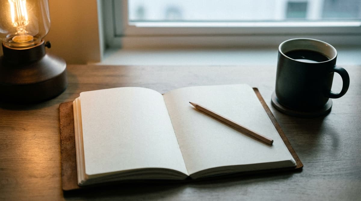a paper diary open on a desk with a pencil resting on a blank page beside a coffee cup, no readable writing