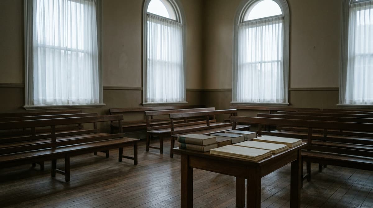 a quiet waiting area in a regional Australian courthouse with high ceilings and timber chairs, late afternoon light, no
