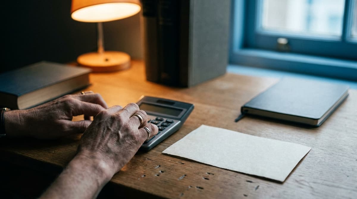 a close-up of hands using a calculator beside a printed payslip on a desk, the payslip blank with no readable numbers or
