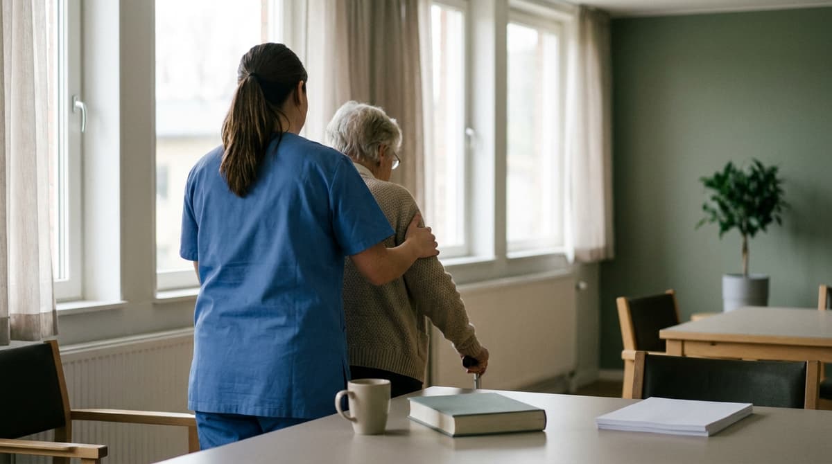 a hospital-style community care worker in plain scrubs helping an elderly person in a bright room, faces soft, no logos