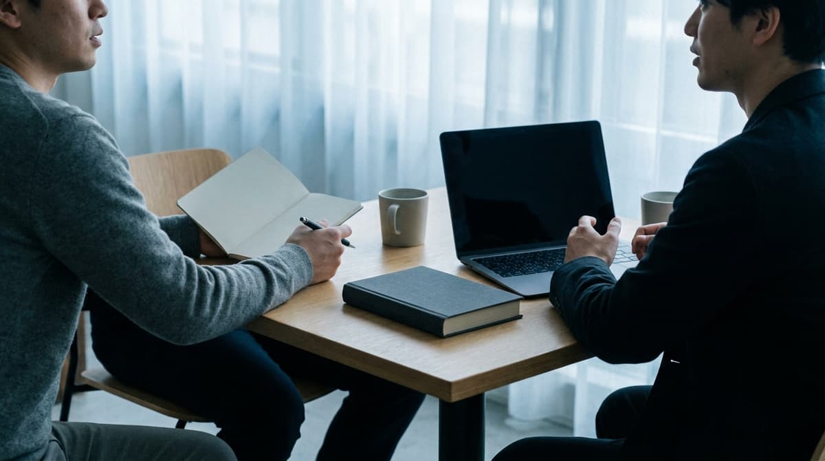 two colleagues talking across a small meeting table in a modern office, one with a notepad, no readable papers or screen