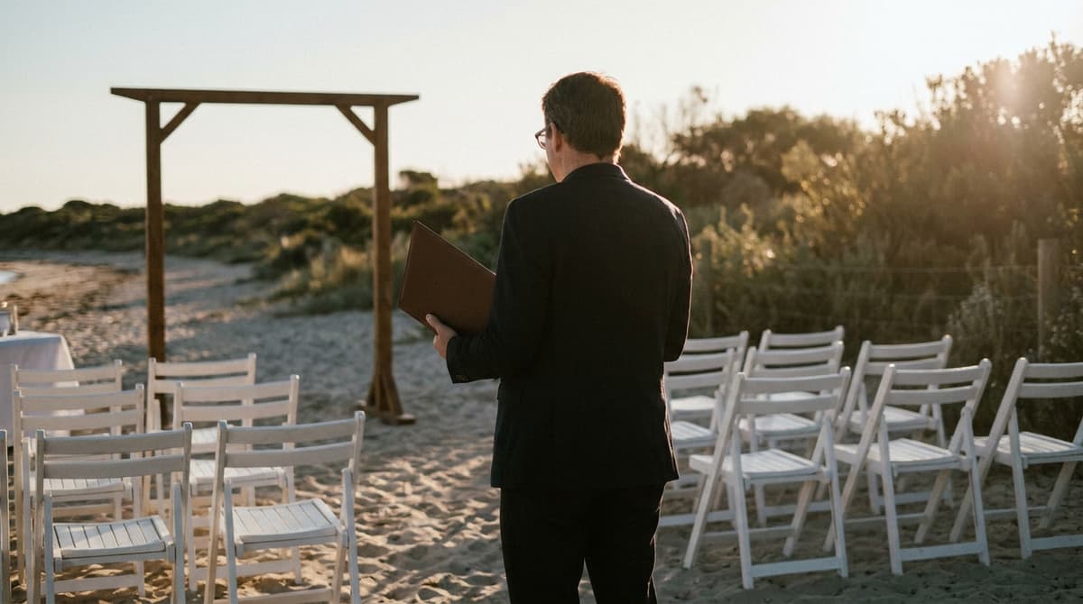 a celebrant seen from behind holding a plain folder at a simple beachside ceremony set-up with white chairs, no faces, n