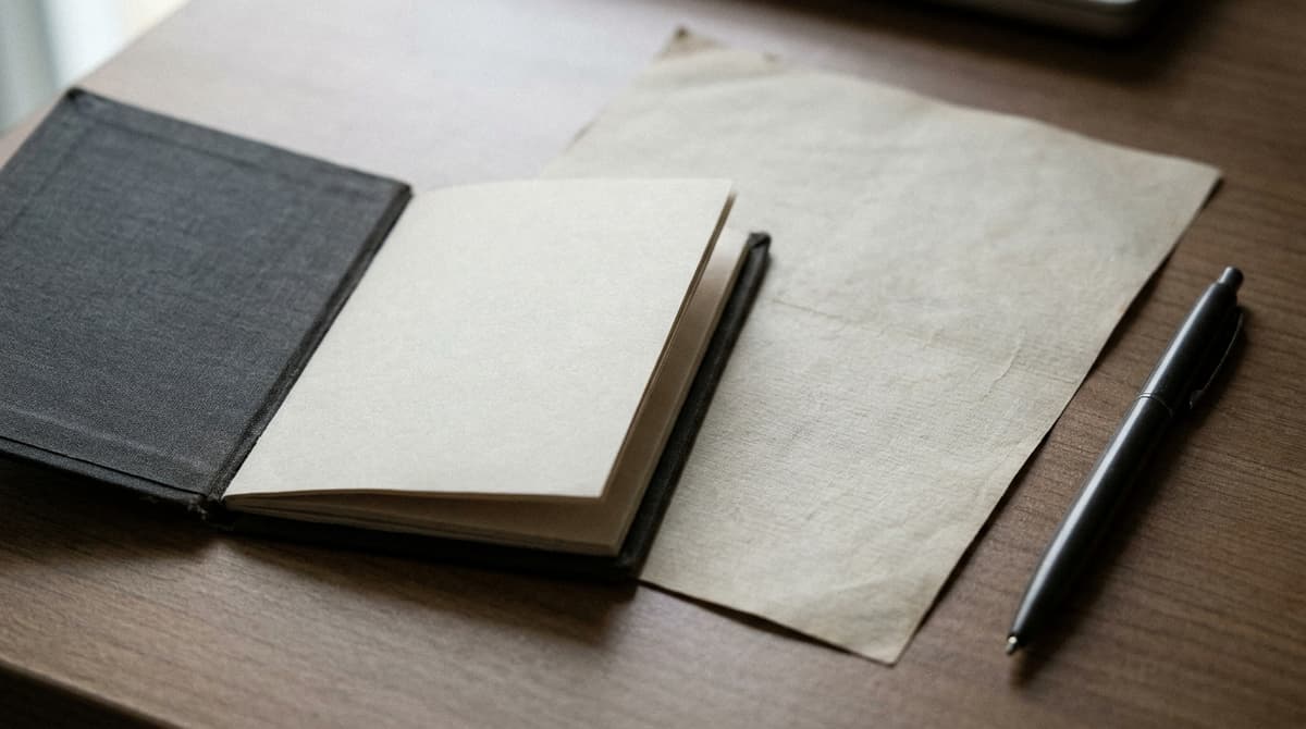 a passport-style booklet and a plain birth-certificate-like paper on a desk, both blank and unreadable, with a pen besid