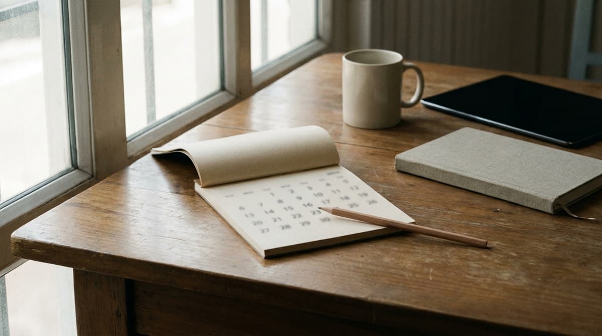 a calendar on a desk with a pencil resting on it, the dates blurred and unreadable, soft light
