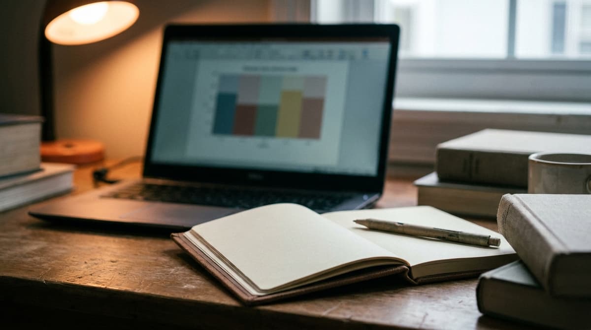 a laptop on a desk with a blurred chart on screen next to a notepad, no readable numbers or text