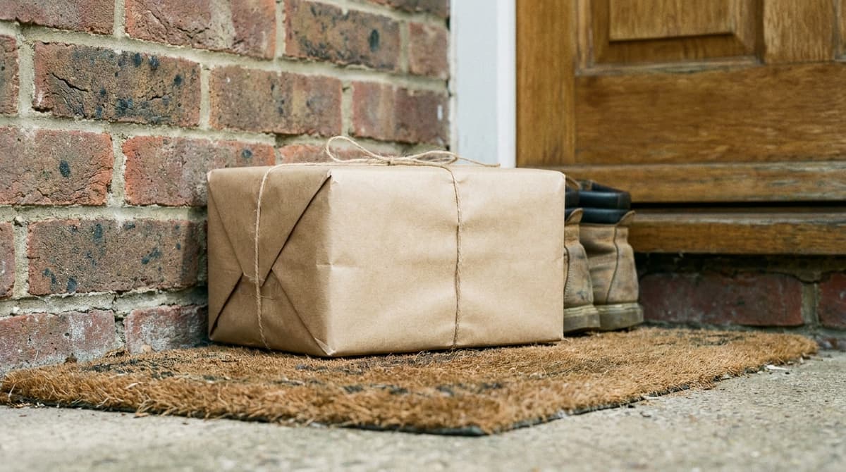 a parcel left at a suburban Australian front door with a brick wall and a doormat, no labels or readable text