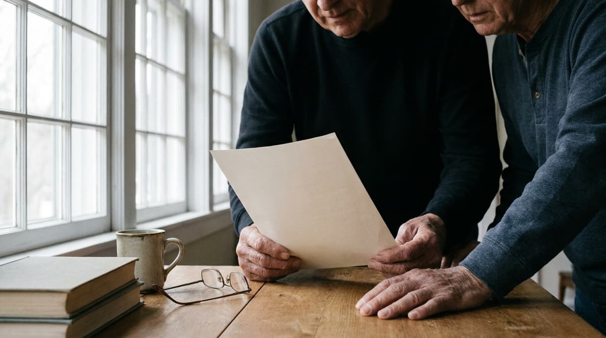 an older couple reading a letter together at a table, calm, no readable text on the paper