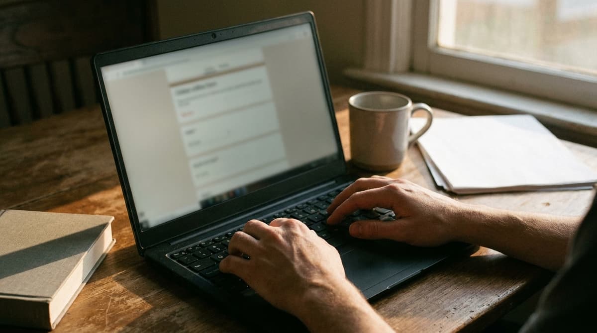 a person using a laptop at home with a blurred online form on screen, hands only, no readable text or logos