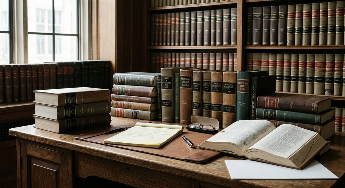 library reading room with rows of law books and a wooden desk