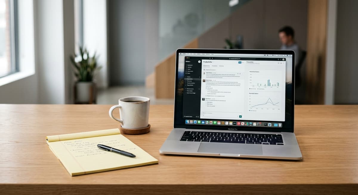 clean desk with a laptop, legal pad, and coffee mug in a modern office