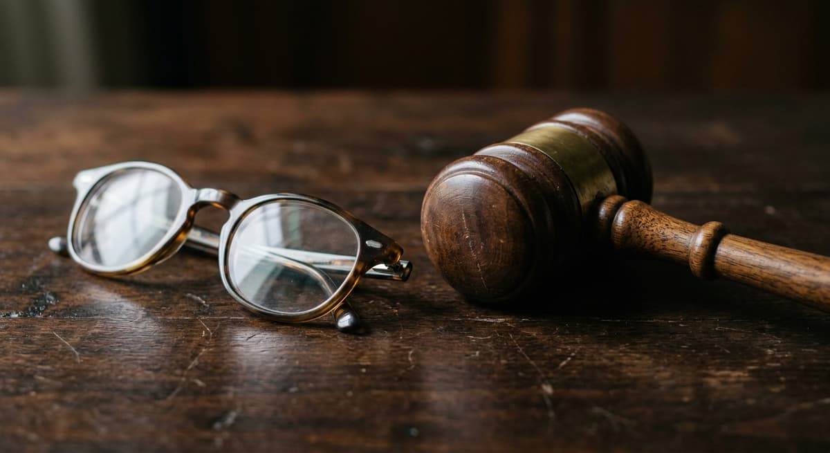 gavel resting next to reading glasses on a dark surface