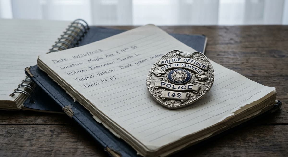 police badge resting on a notebook