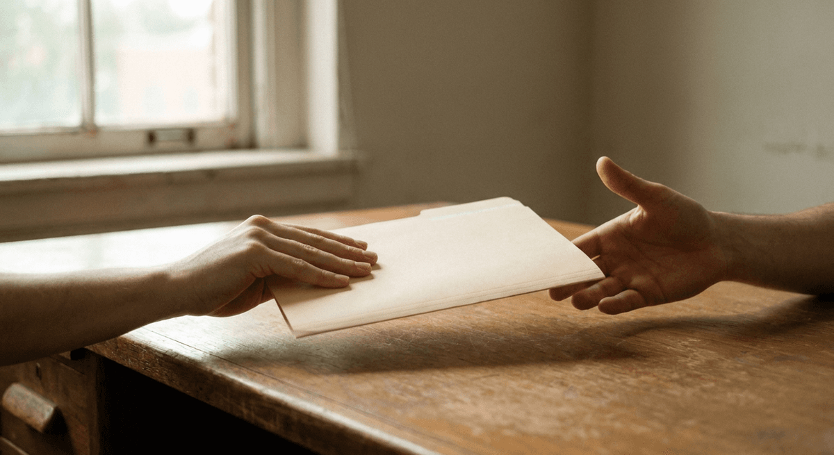 One hand passing a closed manila folder across a wooden desk to another open hand