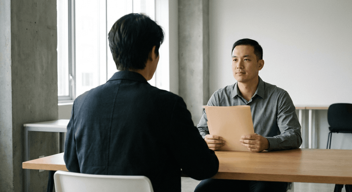 A hiring manager holding a closed folder across a table from a job candidate seen from behind