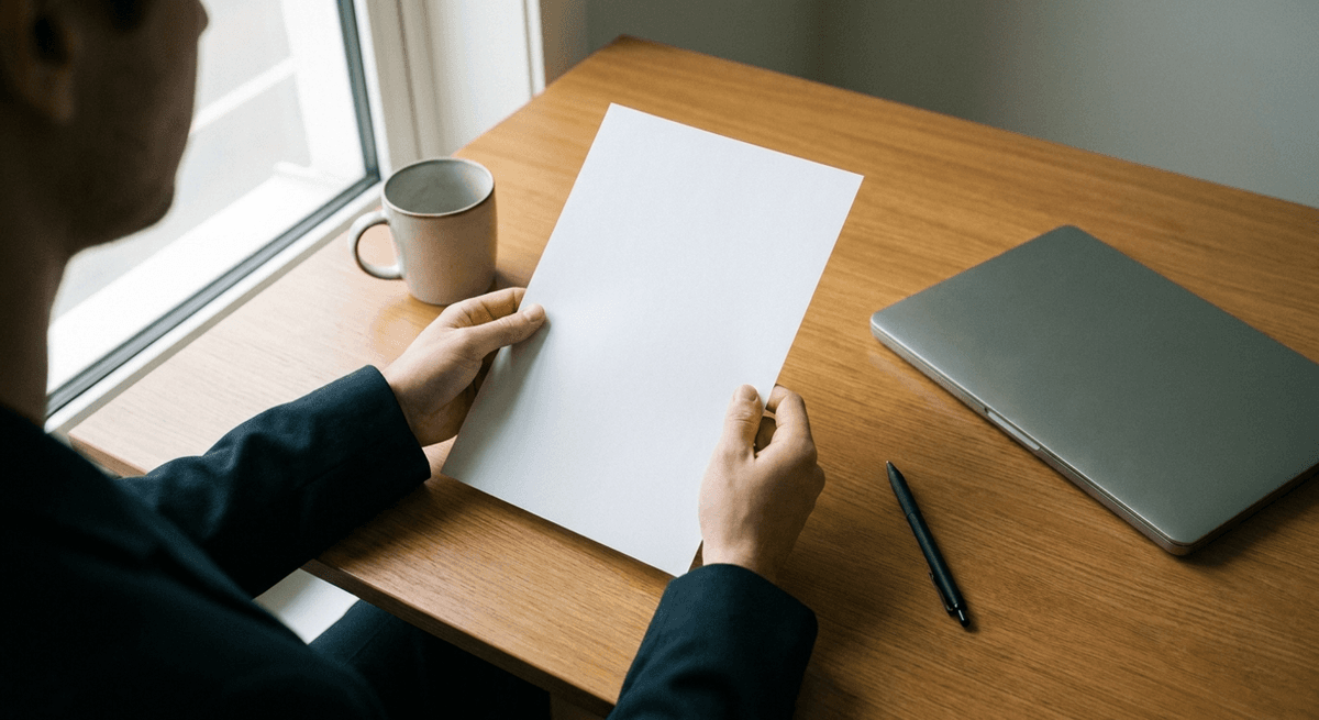 A hiring manager holding a blank sheet of paper at a desk with a closed laptop and pen