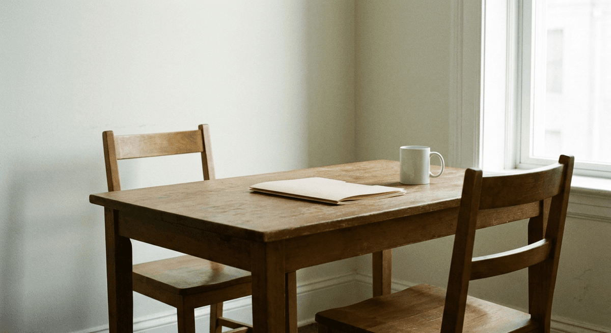 Empty wooden table with two chairs, a closed folder and a mug in a bright quiet room