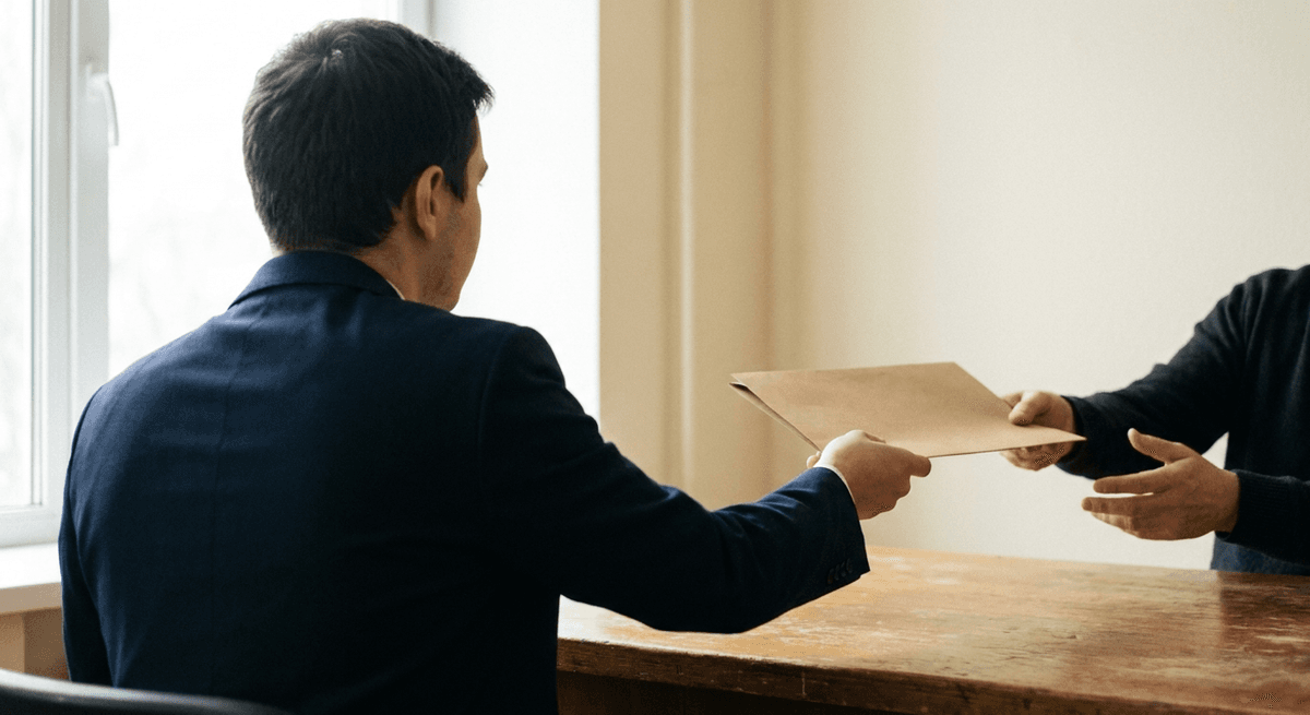 Job applicant in a navy jacket handing a closed plain folder across a desk to an employer