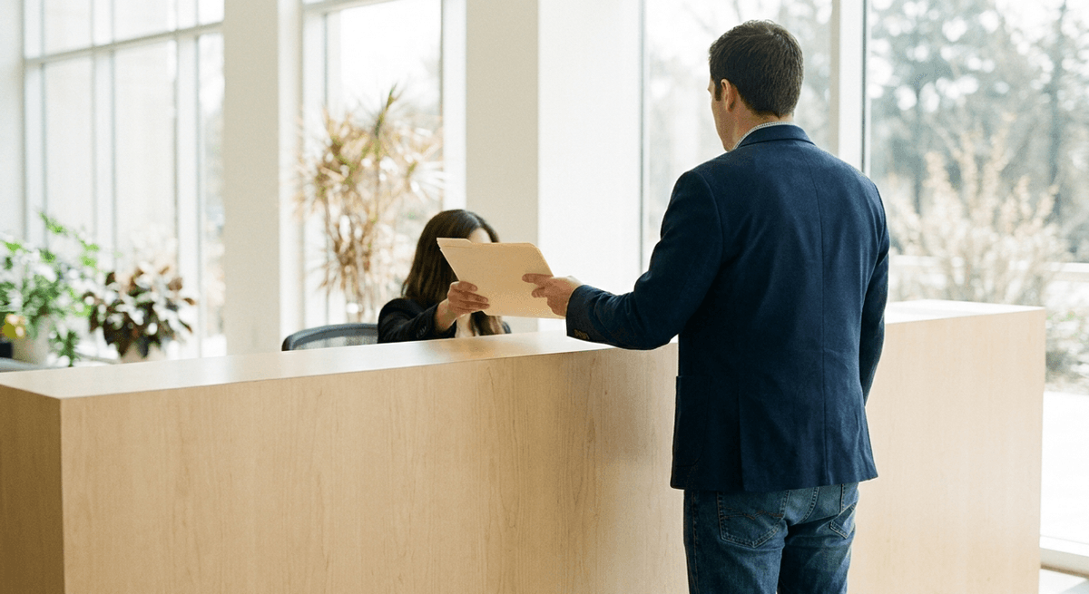 a job applicant seen from behind handing a plain manila folder across a reception counter