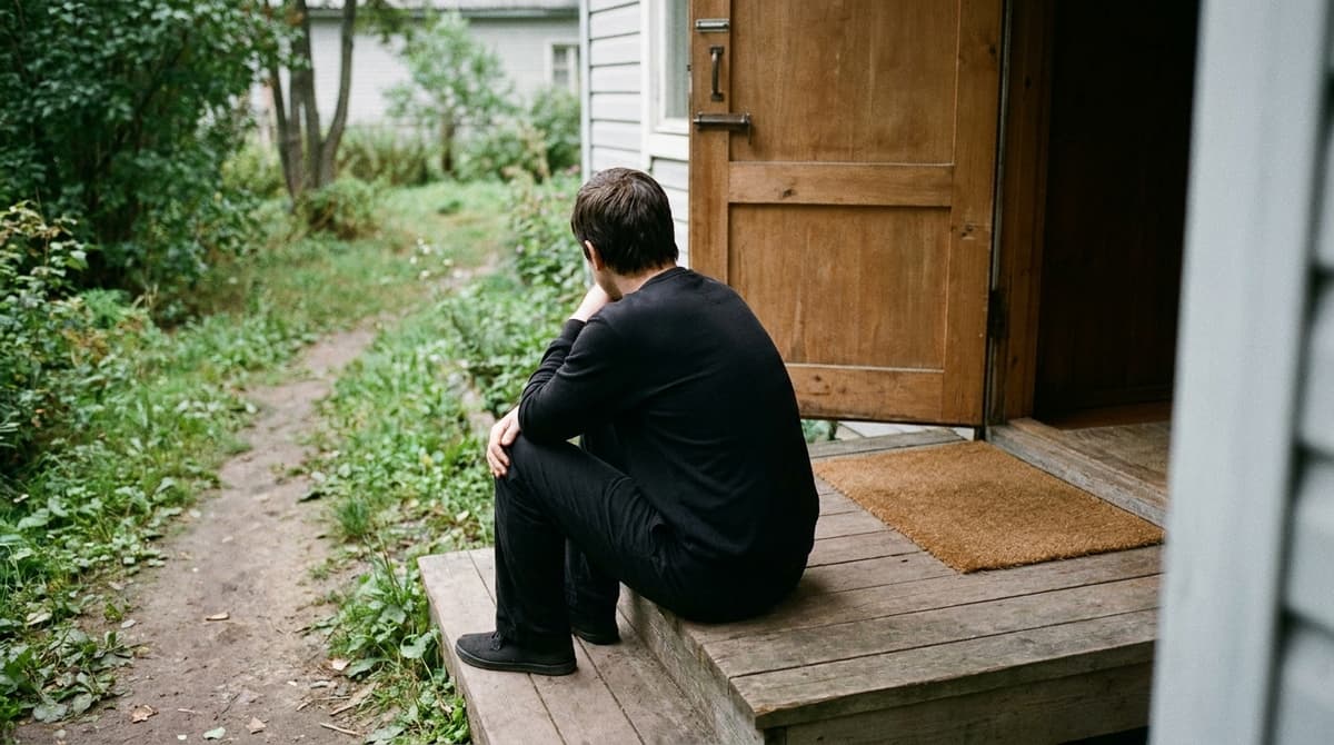 A person seen from behind sitting on the porch steps of a modest home with the door ajar