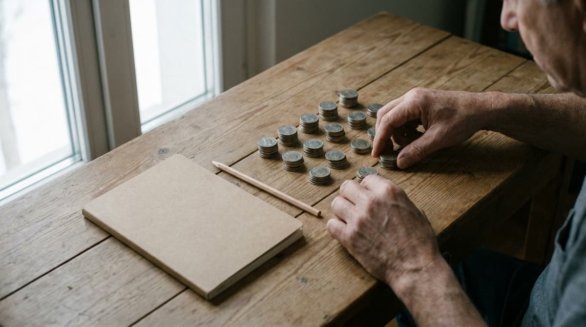 Manos acomodando pilas de monedas en filas sobre una mesa de madera junto a un cuaderno cerrado