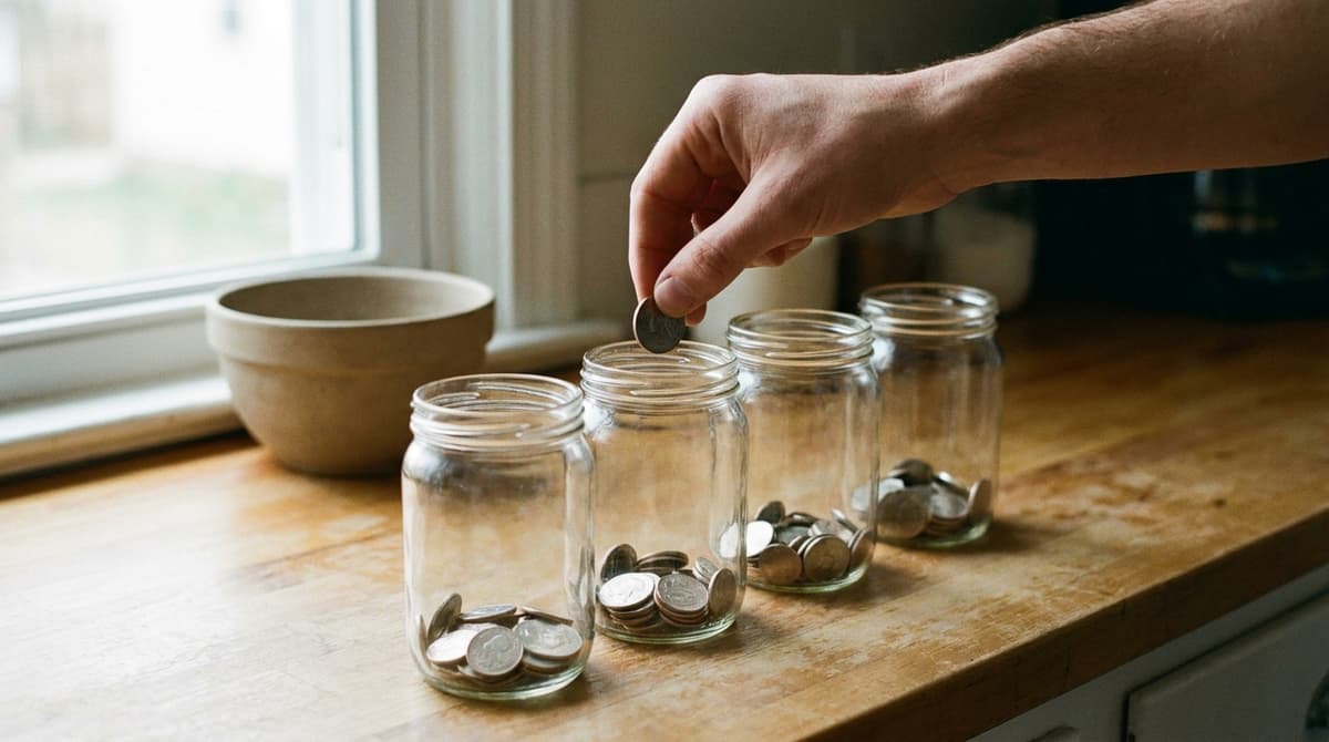 A hand dropping a coin into one of four glass jars holding different amounts of coins