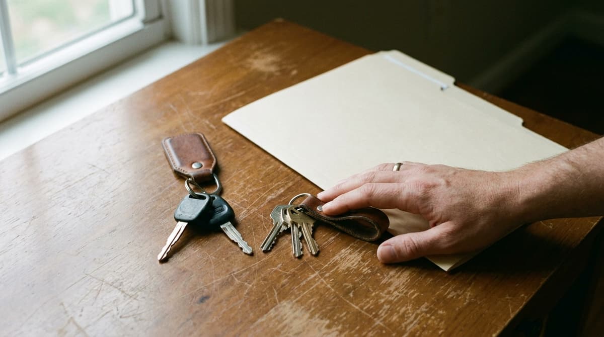 Llaves del auto y de la casa sobre una mesa de madera junto a una carpeta cerrada, con una mano sobre las llaves de la casa