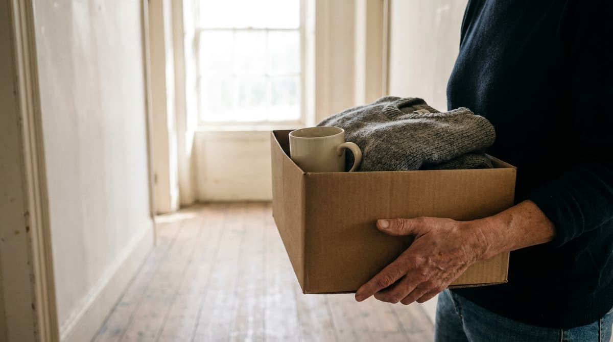 A person holding a cardboard box with a mug and a folded sweater in an empty bright hallway