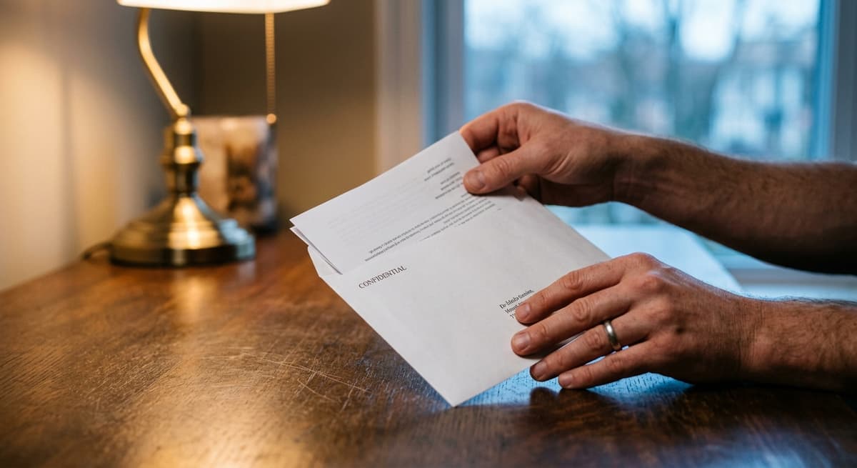 bill of sale: manos colocando un documento dentro de un sobre blanco
