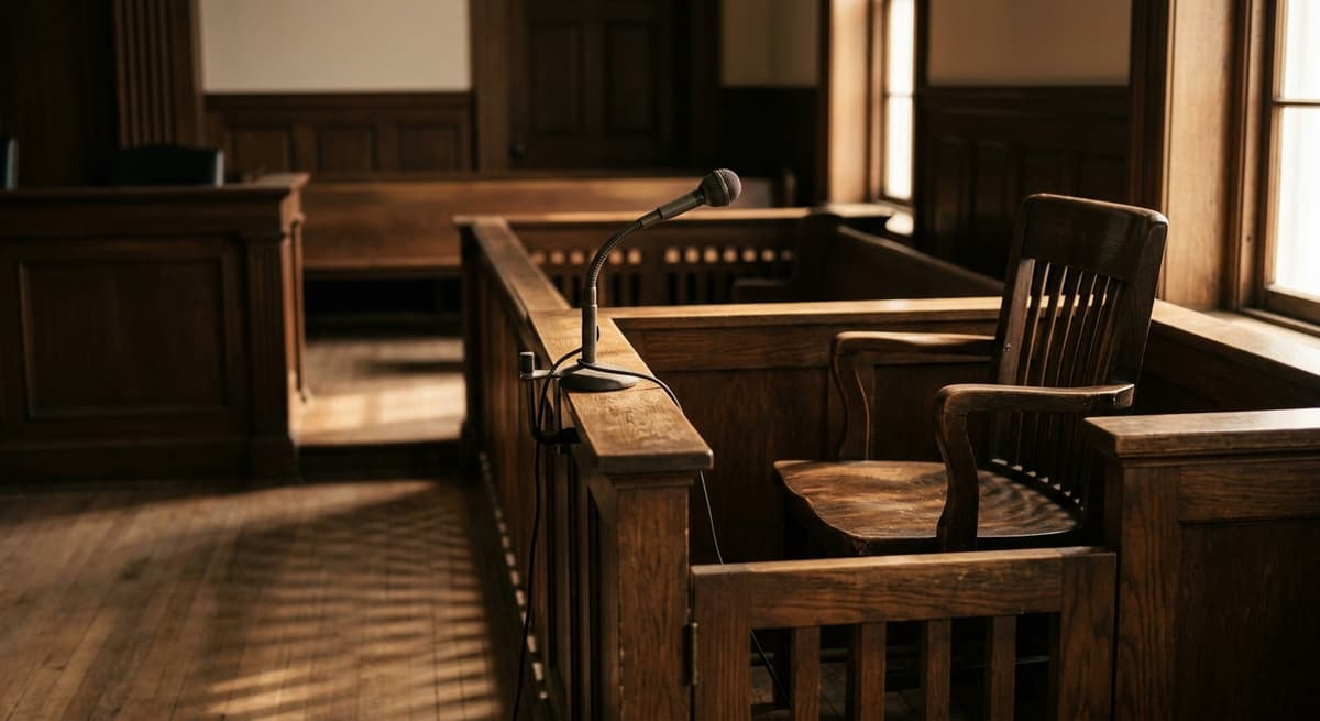 bill of sale: silla de testigo en una sala de tribunal con un microfono