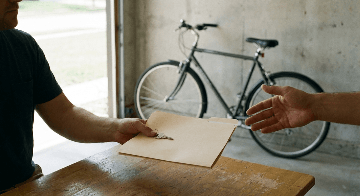 una mano sostiene una llave sobre una carpeta cerrada hacia otra mano extendida, con una bicicleta al fondo