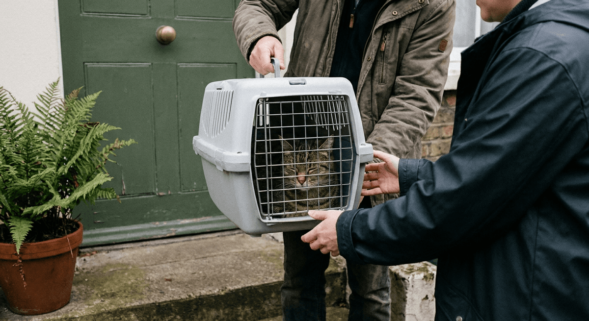 Una persona entrega un transportín gris con un gato atigrado a un comprador en la puerta de una casa