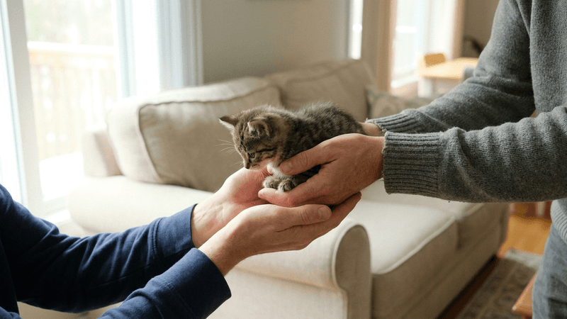 Las manos de un criador pasan un gatito atigrado a las manos de su nuevo dueño en una sala luminosa