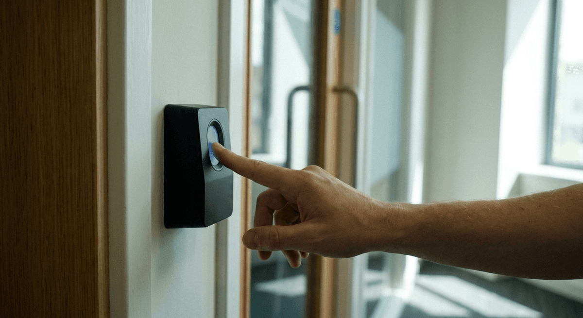 Yema del dedo sobre un lector de huellas negro y liso montado en la pared junto a una puerta de oficina, con un suave brillo azul