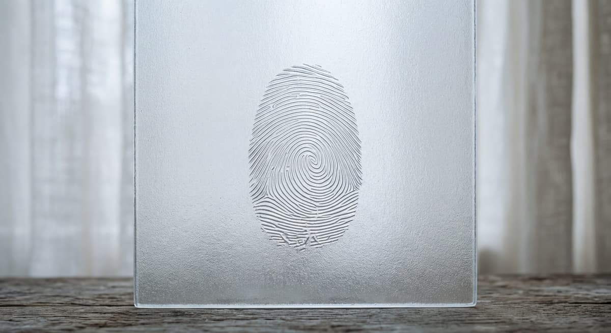 close-up of a fingerprint whorl pattern etched into frosted glass, backlit with cool white light