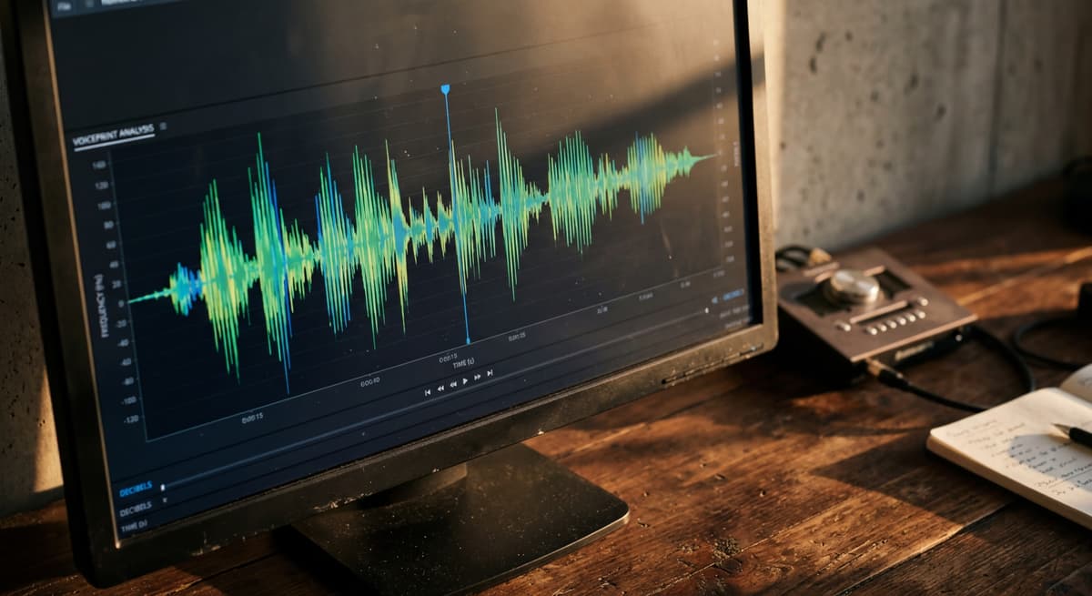 voiceprint waveform visualization on a monitor screen in a quiet office