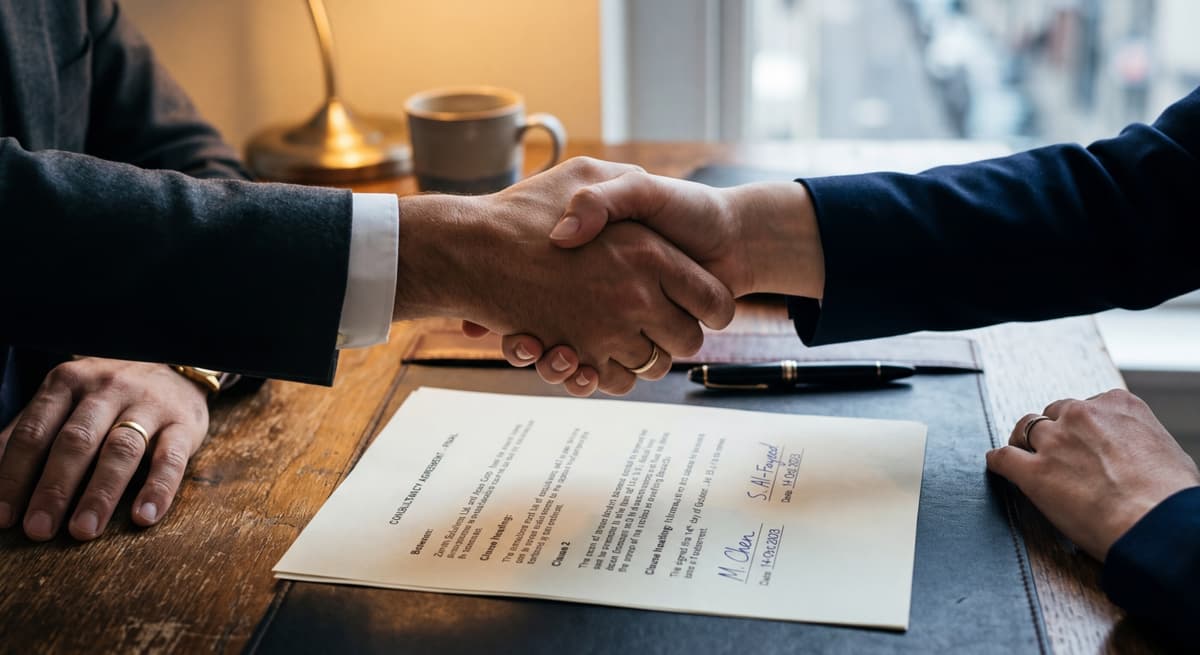 two hands shaking across a desk with a signed document visible between them
