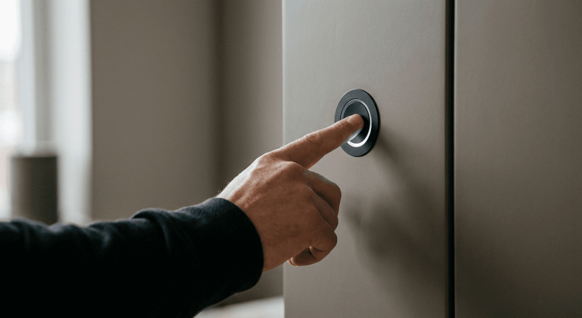 Una yema de dedo tocando un pequeño sensor redondo luminoso en un panel gris liso