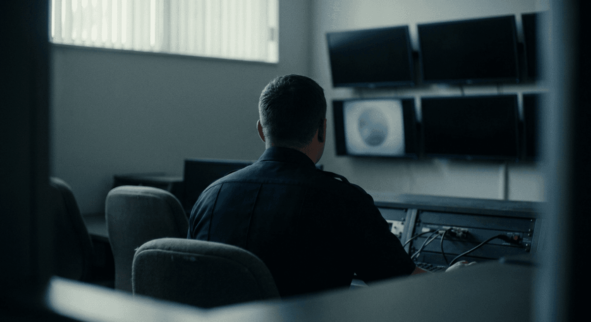 Officer in a plain navy uniform seen from behind in a dim control room facing a wall of dark monitors