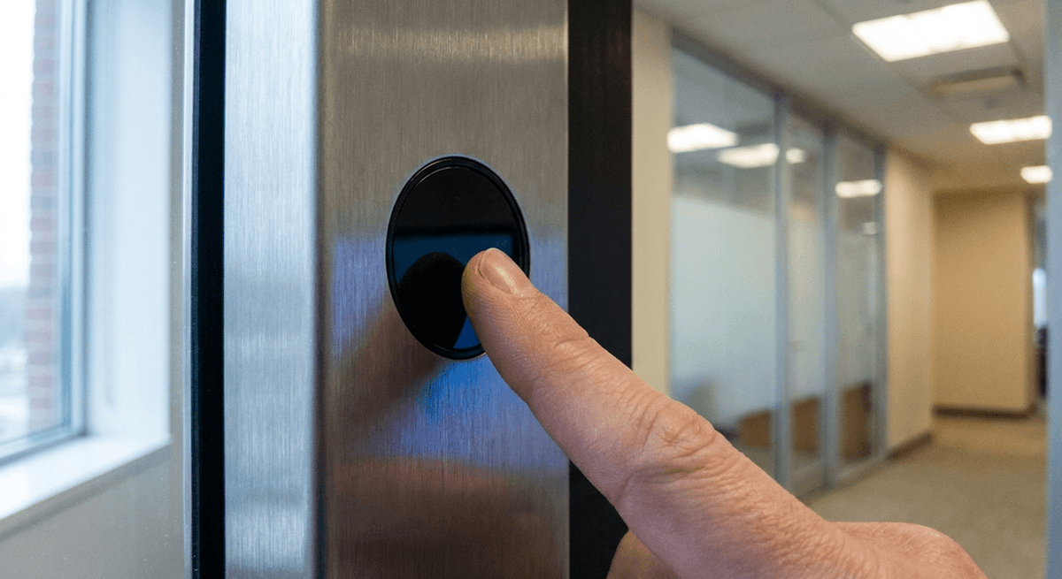 A fingertip touching a plain black fingerprint reader set in a brushed metal door panel