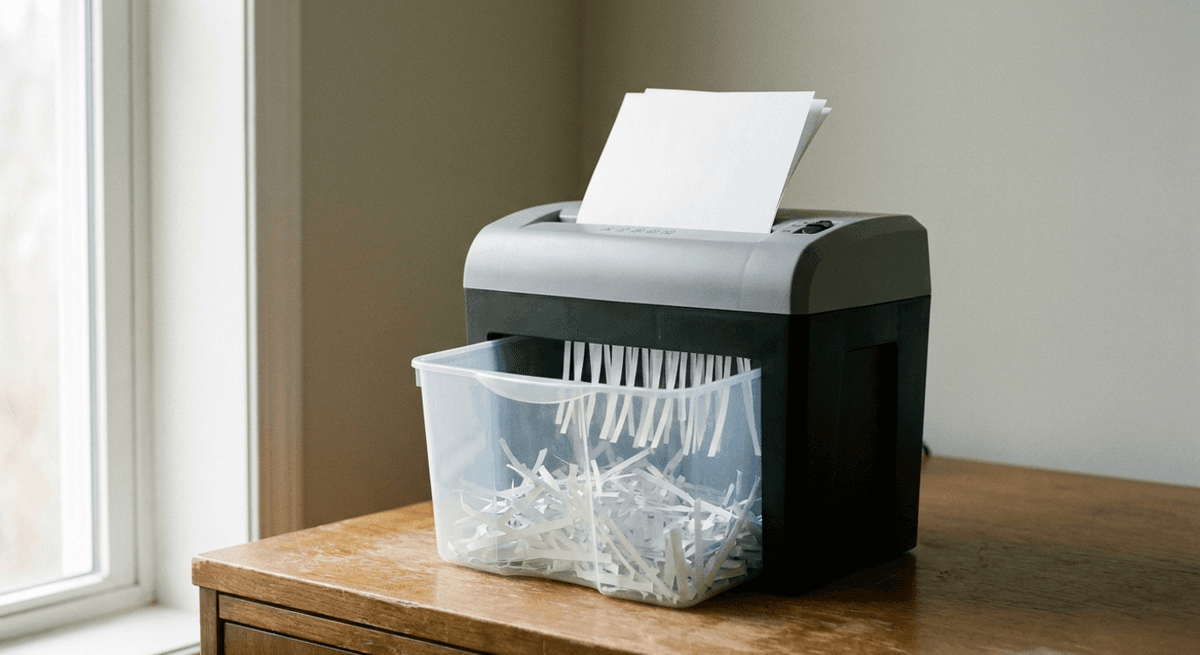 Hojas de papel en blanco entrando a una trituradora de escritorio, con tiras de papel en un recipiente transparente