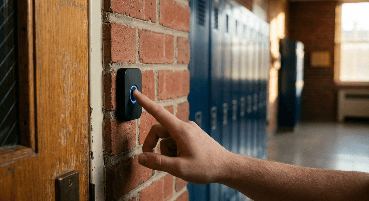 dedo presionando un pequeño sensor negro redondo en una pared de ladrillo junto a un pasillo escolar con casilleros azules