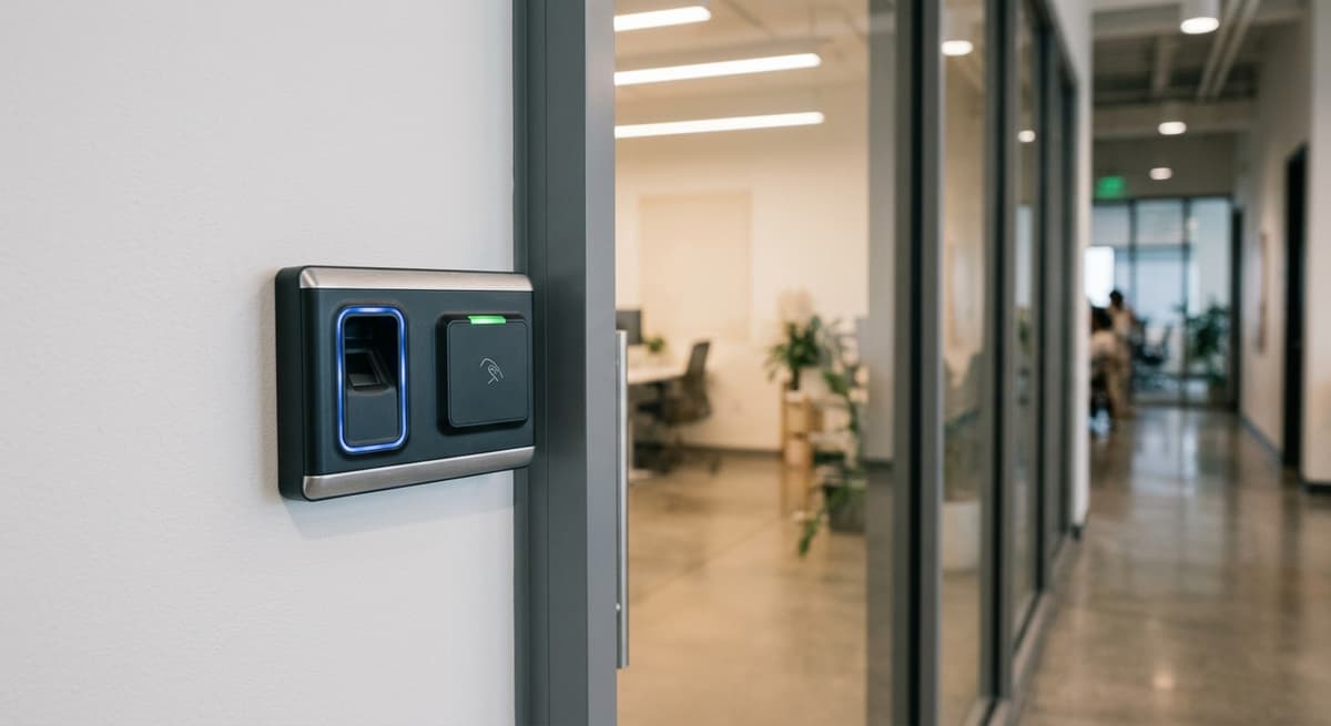 Badge reader device at workplace entry illustrating Washington's security purpose exception for biometric collection