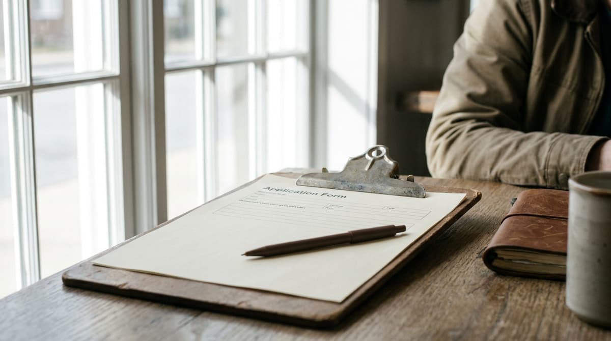 Alaska birth certificate: a clipboard holding a blank application form with a pen across it on a wooden table