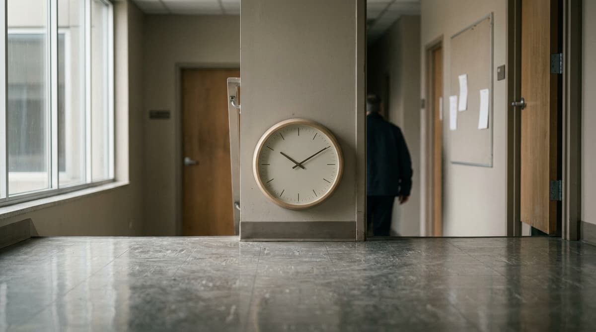 Oklahoma birth certificate: an analog wall clock in a quiet office hallway with a tiled floor