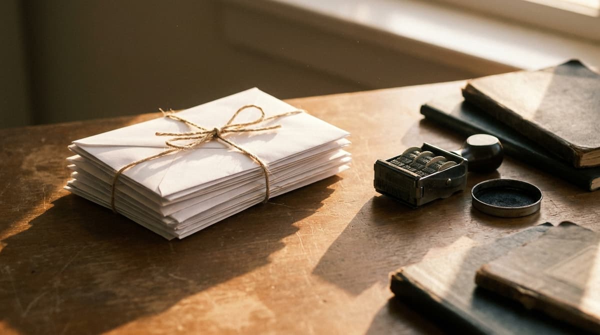 Illinois birth certificate: a small stack of white envelopes tied with string on a desk beside a rubber date stamp