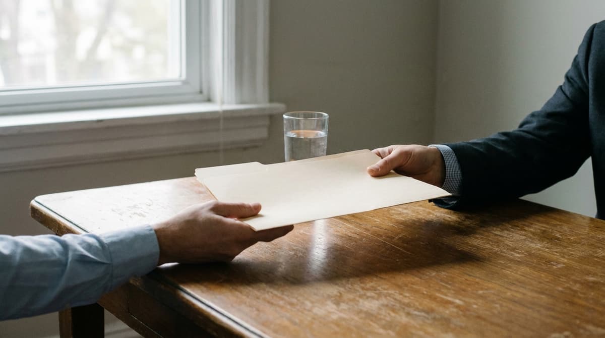 Two hands passing a closed plain folder across a wooden desk with a glass of water between them