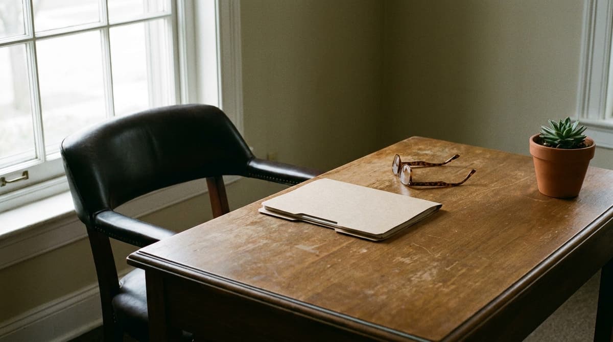 Quiet office desk with a closed folder, reading glasses and a small succulent beside an empty leather chair