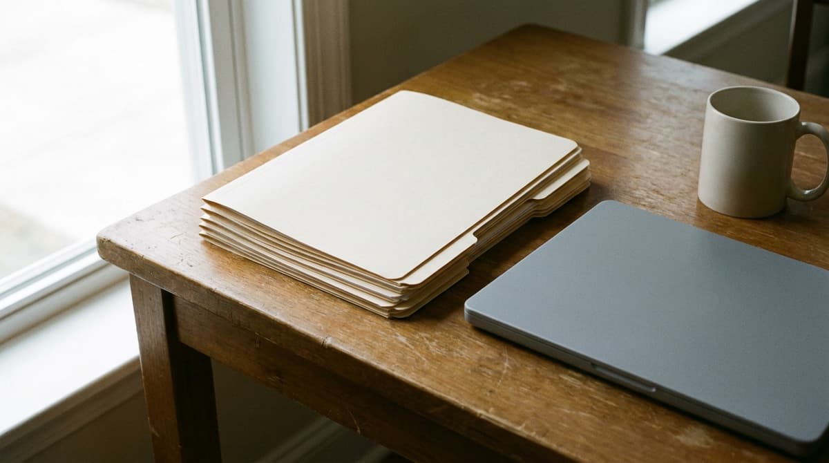 Stack of closed plain manila folders on a wooden desk beside a closed grey laptop and a mug