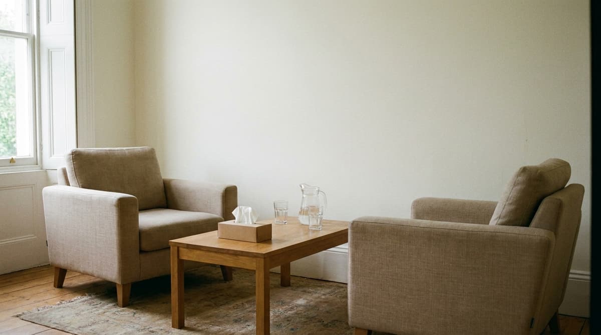 Bright quiet room with two empty armchairs facing each other across a low table with tissues and a water jug