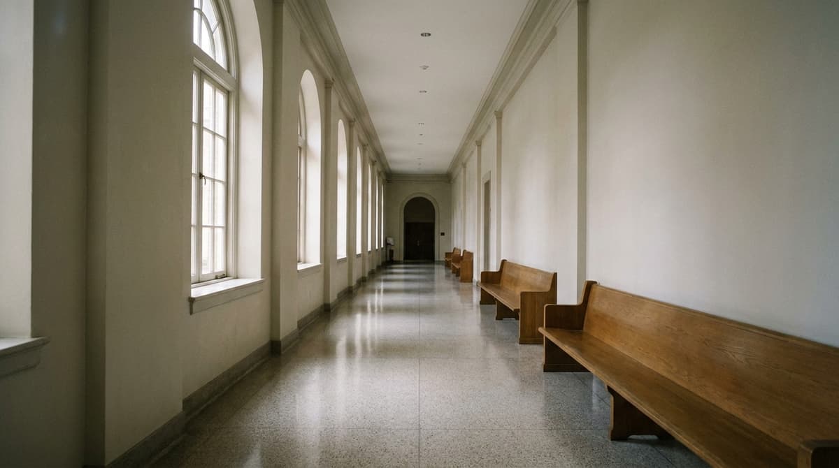 Empty courthouse-style corridor with wooden benches, arched windows and polished floor